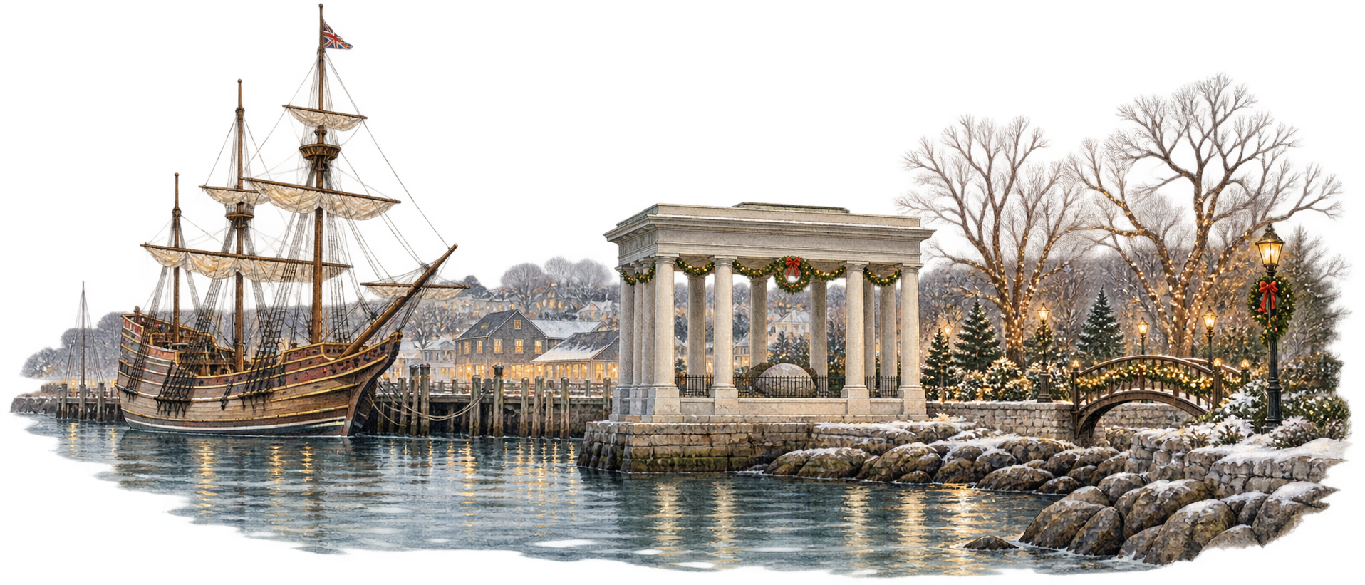 Illustration of Plymouth Harbor with Mayflower II, Plymouth Rock, and the waterfront